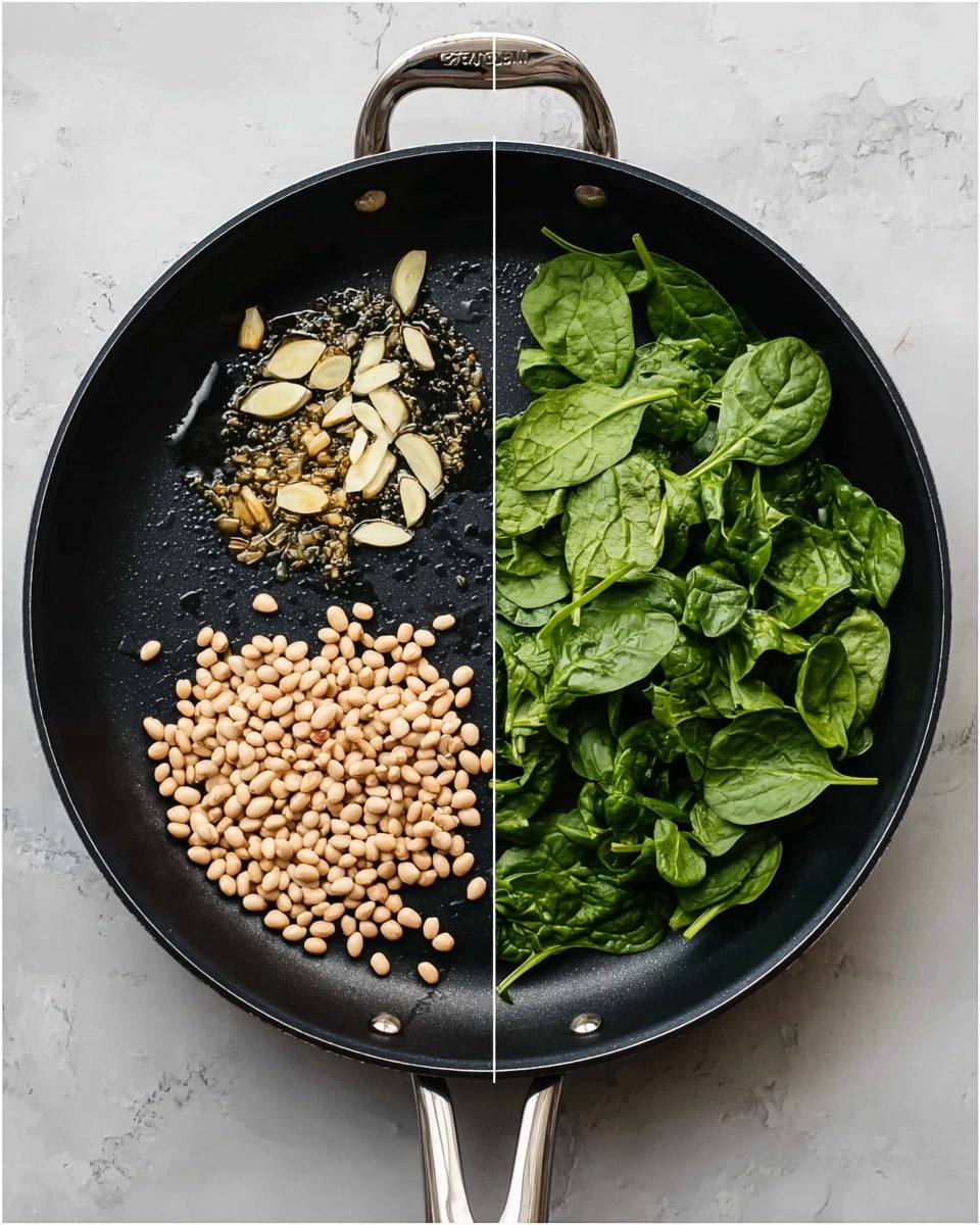 The image shows three stages of cooking in a black frying pan with a silver handle on a white marbled surface. The top left section has thin slices of lightly browned garlic in oil spread unevenly in the pan. The bottom left section shows many small beige beans fully spread in one flat layer across the pan. The large right section shows half the pan with the same beans and the other half heaped with bright green fresh spinach leaves, creating a clear division between the two ingredients. Photo taken with an iphone --ar 4:5 --v 7