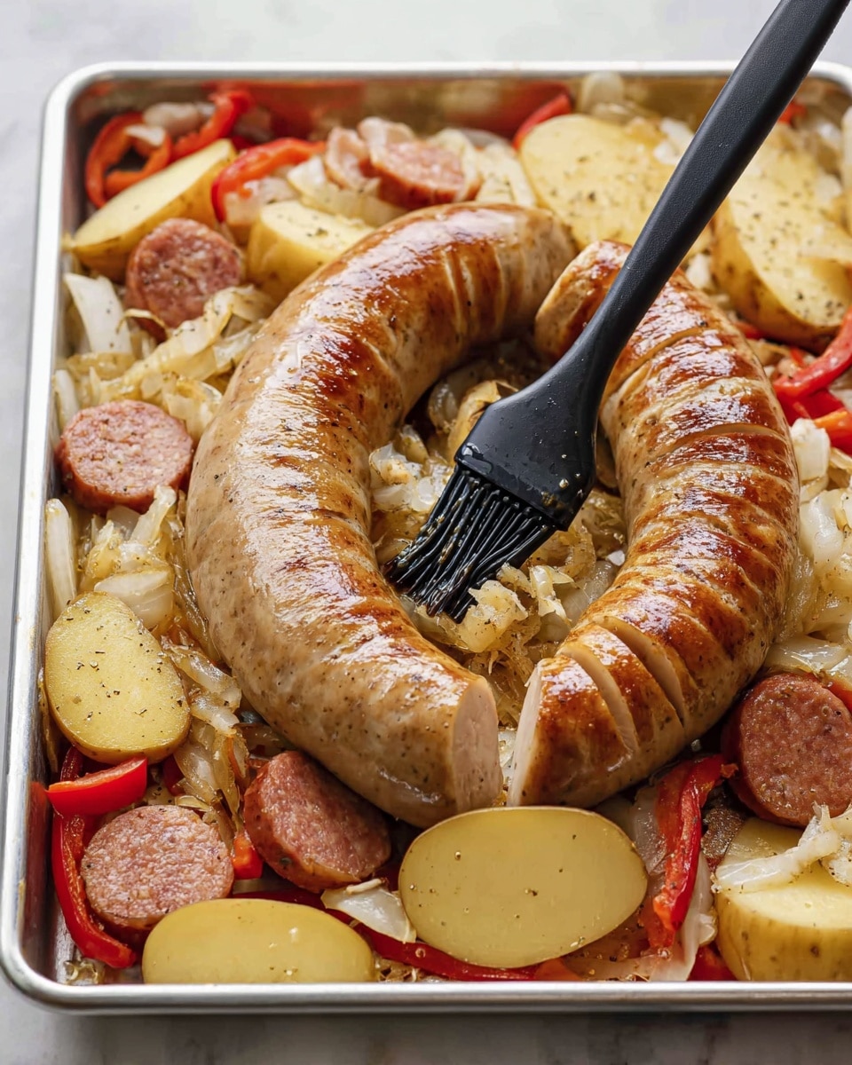 A large, coiled sausage with a light brown color and subtle grill marks lies at the center of a silver baking tray. The sausage has slight cuts along its surface, and a black silicone brush is spreading a shiny glaze over it. Surrounding the sausage are thick slices of pale yellow and red potatoes with red skins, soft-looking chunks of reddish-brown sausage, creamy white sauerkraut, and bright red bell pepper pieces. All ingredients rest on a tray with a white marbled texture below. The scene captures a warm, hearty meal ready for baking. photo taken with an iphone --ar 4:5 --v 7
