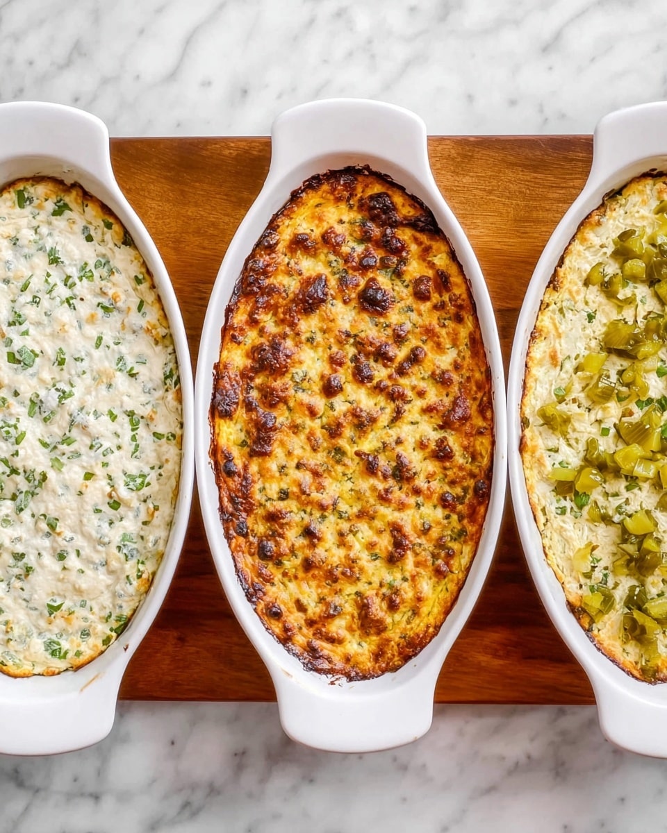 This image shows three white oval baking dishes placed side by side on a white marbled surface. The dish on the left has a creamy, white mixture with small green herb pieces spread evenly across the surface. The middle dish shows the same mixture but now baked, with a golden brown top and darkened spots, giving it a textured, bubbly look. The dish on the right is similar to the middle one but topped with small green pieces of what looks like pickles or chopped vegetables concentrated in the upper right corner, adding color contrast to the browned surface. Photo taken with an iphone --ar 4:5 --v 7