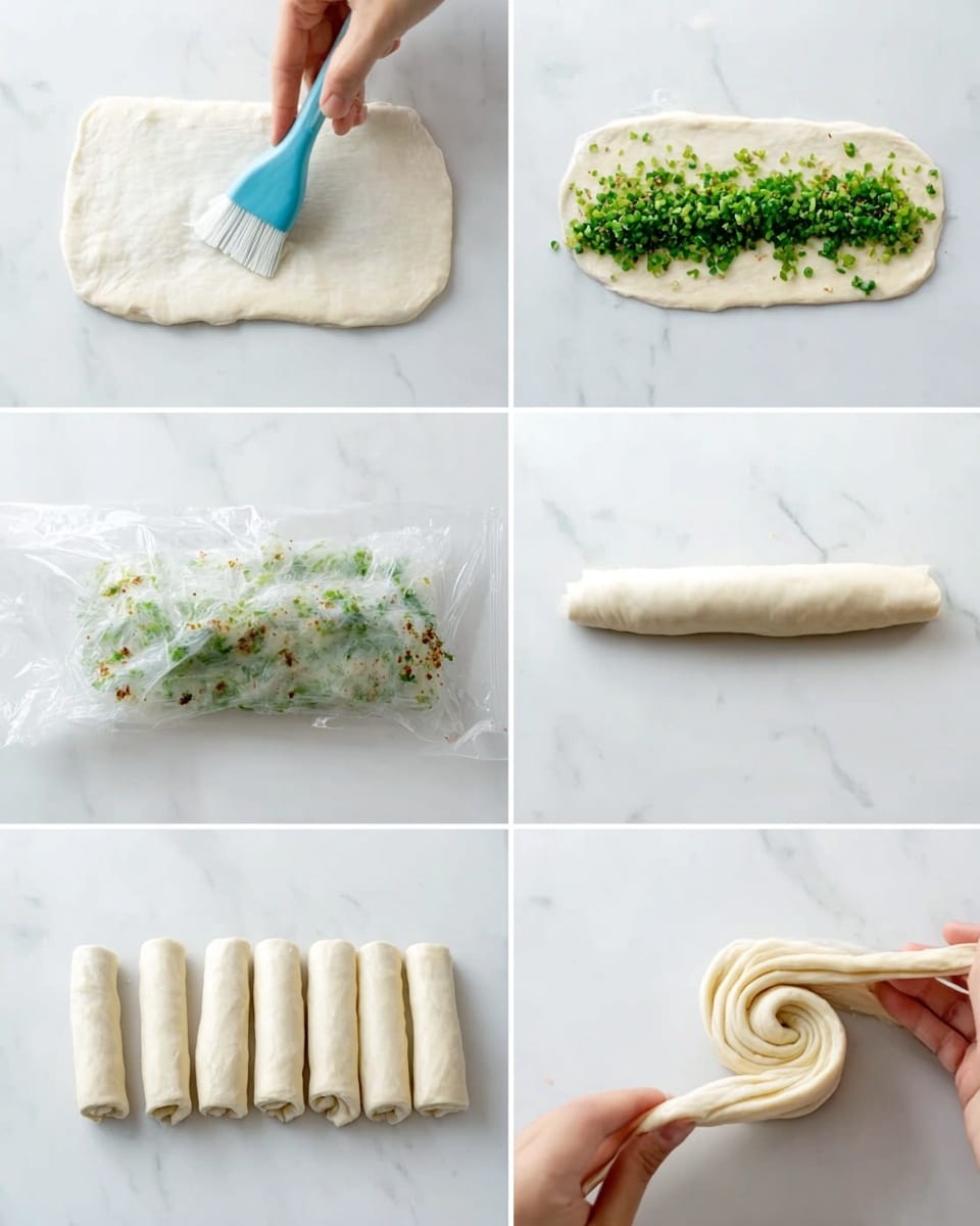 The image shows eight steps of making a rolled dough with green filling against a white marbled surface. The first image displays a flat white dough rectangle being brushed with a light blue brush. The second shows chopped green onions and black specks sprinkled mostly in the middle of the dough. The third image reveals the dough beginning to be rolled from the bottom edge, covering the green filling halfway. The fourth shows the dough fully rolled into a thick cylindrical shape. In the fifth, four rolled dough pieces lie under clear plastic wrap, each about the same size. The sixth image shows two woman's hands holding and stretching one dough roll lengthwise. The seventh image captures one woman's hands starting to coil the stretched dough roll into a spiral. The eighth image displays the same hands finishing coiling the dough into a neat spiral bun. photo taken with an iphone --ar 4:5 --v 7