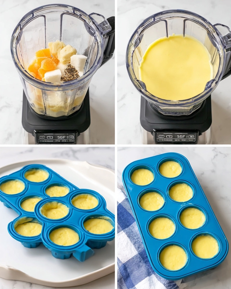 The image shows four stages of making a yellow batter dessert. In the first stage, chunks of orange and white ingredients and some black spices sit at the bottom of a clear blender with black edges, resting on a white marbled surface. In the second stage, the blended mixture is smooth and light yellow, filling the blender almost to the top, held on the same white marbled surface. The third stage shows the light yellow batter poured evenly into a blue silicone mold with seven round cavities, placed in a white dish on a white marbled surface. The final stage shows the same blue silicone mold filled with cooked yellow batter pieces with a soft texture, next to a white and blue checkered cloth on a white marbled surface. Photo taken with an iphone --ar 4:5 --v 7