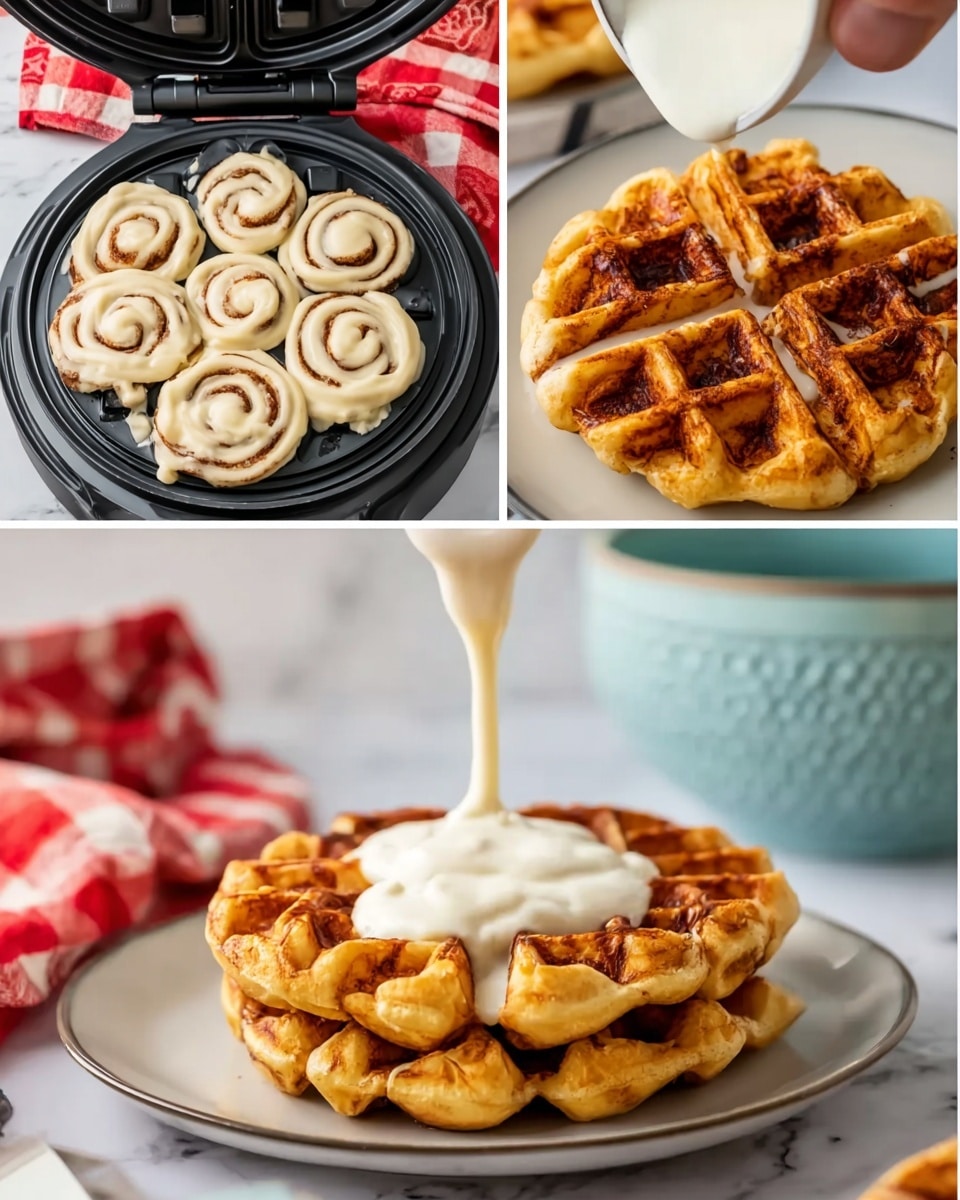 The image shows three parts: the top left has an unbaked cinnamon roll dough with spirals placed on a black waffle maker, the top right shows the same dough now cooked into a golden brown waffle with crispy edges on the same waffle maker, and the bottom part shows a close-up of a white plate with three golden brown cinnamon roll waffles stacked, with a woman's hand pouring thick white icing over the top waffle from a spoon, all set on a white marbled surface with a pale blue textured bowl in the background and a partially visible red and white checkered cloth nearby. Photo taken with an iphone --ar 4:5 --v 7