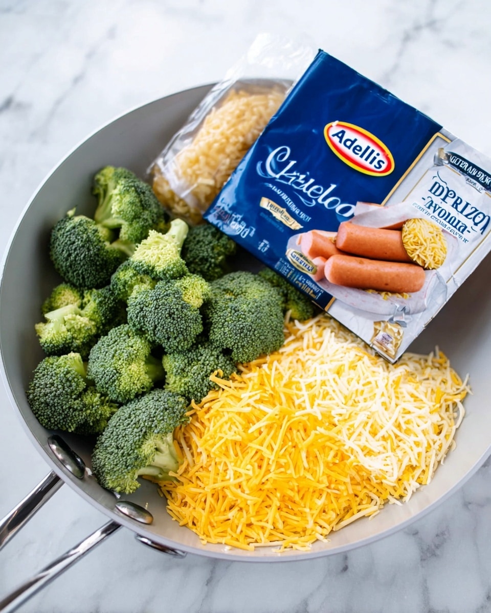 A white pan on a white marbled surface holds several ingredients neatly arranged inside. On the left side, there are bright green broccoli florets with thick stems. In the back, a pack of Aidells chicken and apple smoked sausage with a blue label rests against the broccoli. On the right bottom side, there are two piles of shredded cheese, one light yellow and one with orange mixed in. Overlapping part of the cheese is a blue box of Barilla orzo pasta placed at an angle. Photo taken with an iphone --ar 4:5 --v 7