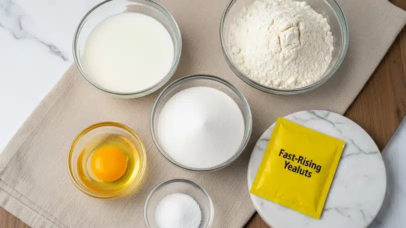The image shows six clear glass bowls on a beige cloth and wooden surface with a white marbled texture background. One bowl has white flour with a fine powder texture and is positioned at the top right. Another bowl near the top left is filled with white milk with a smooth liquid texture. A small bowl at the bottom left holds a bright yellow egg yolk with a shiny surface. In the center, there is a bowl of white granulated sugar with a fine texture. A small bowl at the bottom center contains white salt crystals. To the far right side, there is a yellow packet of fast-rising yeast sitting on the white marbled surface next to the edge of the cloth. Photo taken with an iphone --ar 4:5 --v 7