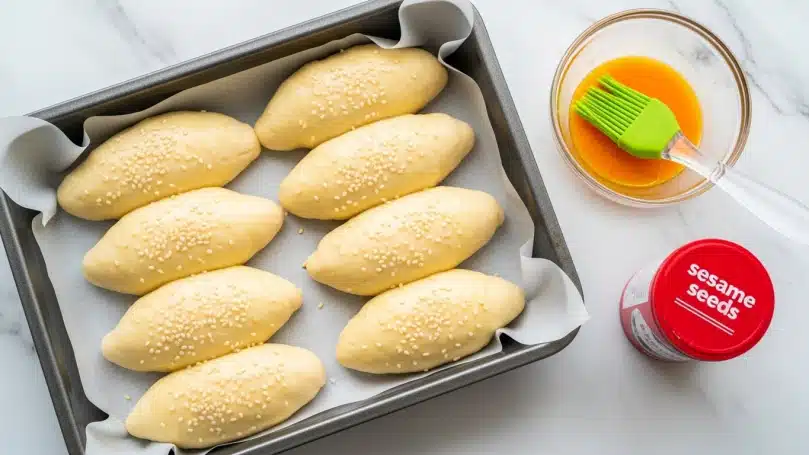 The image shows seven elongated dough pieces, lightly coated with sesame seeds, arranged neatly side by side in a rectangular metal baking pan lined with parchment paper. The dough has a pale beige color with a smooth, slightly shiny texture from an egg wash. To the right of the pan, there is a small clear glass bowl with an orange liquid and a green silicone brush resting inside. Next to the bowl is a red and white container labeled 