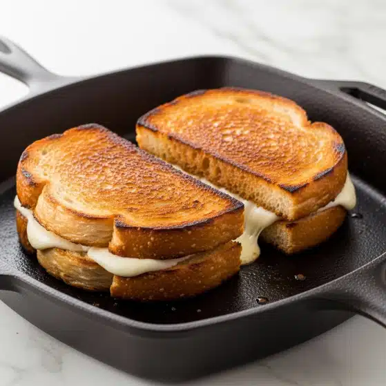 A close-up of a grilled sandwich cooking in a dark cast iron pan. The sandwich has two golden brown toasted slices of bread with a crispy texture, showing some melted white cheese like mozzarella seeping out slightly from the middle layer. The pan's black surface contrasts with the warm colors of the sandwich. The background is a white marbled surface that reflects some light. photo taken with an iphone --ar 4:5 --v 7
