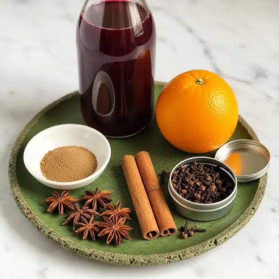 Non-Alcoholic Mulled Wine Recipe 4 A green round plate with a rough, earthy texture sits on a white marbled surface. On the plate, there is one bright orange orange placed on the right side. Near the orange, an open small metal container filled with whole dark brown cloves rests. Two cinnamon sticks, light brown in color with a textured surface, lie in the middle of the plate. On the left side, a small white bowl holds a fine light brown powder of ground nutmeg. Several dark brown star anise pods with a star shape are scattered around the bowl and cinnamon. Behind the plate, a clear glass bottle filled with deep red cranberry juice stands upright, the juice visible inside the bottle. Photo taken with an iphone --ar 4:5 --v 7