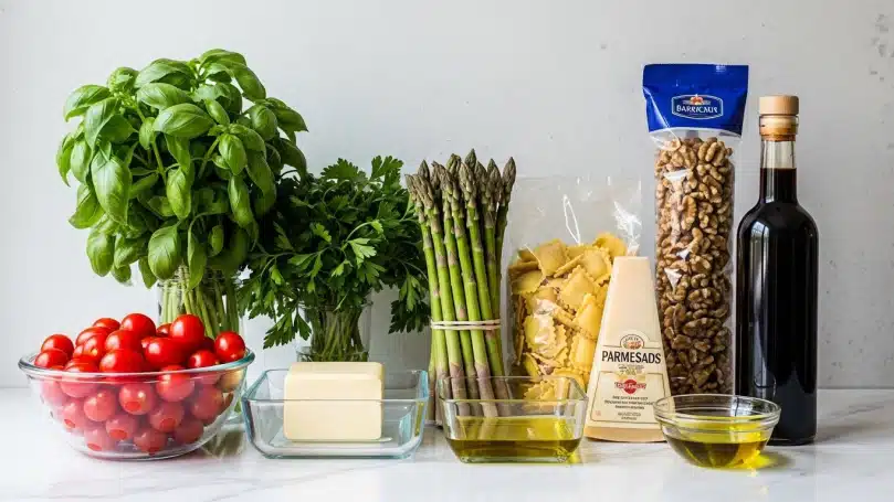 A collection of fresh ingredients arranged side by side on a white marbled surface, featuring a clear glass bowl filled with small red cherry tomatoes, a bunch of bright green basil and parsley leaves standing tall on the left, a square glass dish with a block of pale butter, and a small glass bowl with golden olive oil. Nearby is a bundle of green asparagus tied with a rubber band, a wedge of pale yellow Parmesan cheese with a label, a clear bag of square pasta, a tall bottle of dark balsamic vinegar with a wooden cap, and a blue bag of walnut halves and pieces standing upright in the back, all set against a simple, light gray, textured wall. photo taken with an iphone --ar 4:5 --v 7