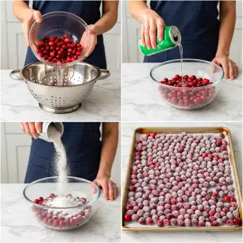 Four-image collage showing a step-by-step process: 1) a woman's hand holding a clear glass bowl full of shiny bright red cranberries above a silver colander, with water flowing through the colander, all on a white marbled surface; 2) a woman's hand holding a green soda can pouring a white liquid over bright red cranberries in a clear glass bowl on a white marbled surface; 3) a splash of white powder being poured over the bright red cranberries sitting in the clear glass bowl, on the same white marbled surface; 4) a baking sheet full of bright red cranberries evenly covered with fine white powder, spread out on the white marbled surface. photo taken with an iphone --ar 4:5 --v 7