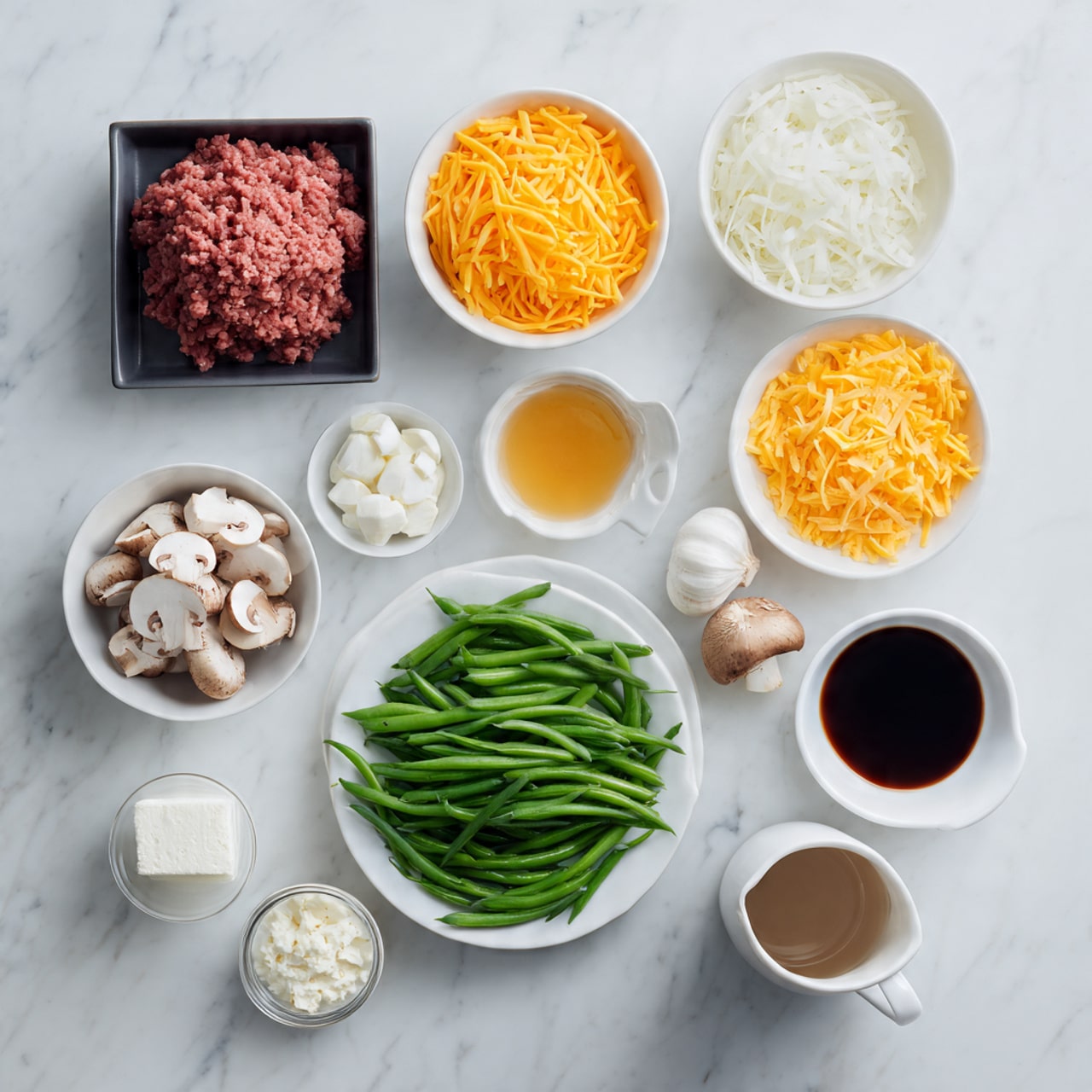The image shows a top view of various fresh ingredients arranged neatly on a white marbled surface. At the center bottom, there is a large white plate filled with green beans, vibrant and fresh. Surrounding this plate are several small white and grey bowls: at top left, raw ground beef in a black tray; to the right, a bowl full of shredded orange cheddar cheese; below that, a small glass bowl with a light golden liquid; further down, a bowl with chopped white onions; next, a small bowl of finely minced garlic; a white mug with dark soy sauce; a bowl with sliced mushrooms at bottom left; a small jar of sour cream; a white plate with a roll of cream cheese; and a tiny white bowl containing salt and pepper. The whole setup is clean and bright, emphasizing fresh ingredients ready for cooking photo taken with an iphone --ar 4:5 --v 7