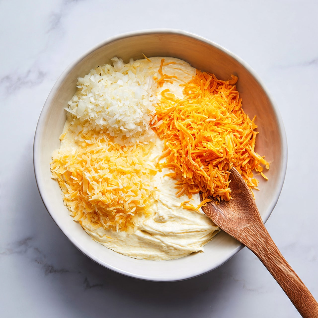 A white bowl on a white marbled surface holds four separate layers of ingredients: finely chopped white onions at the top right, bright orange shredded cheese to their right, a smooth white creamy layer to the left of the onions, and a thick pale yellow creamy layer slightly overlapping the white cream. A wooden spoon is placed on the left side of the bowl. photo taken with an iphone --ar 4:5 --v 7