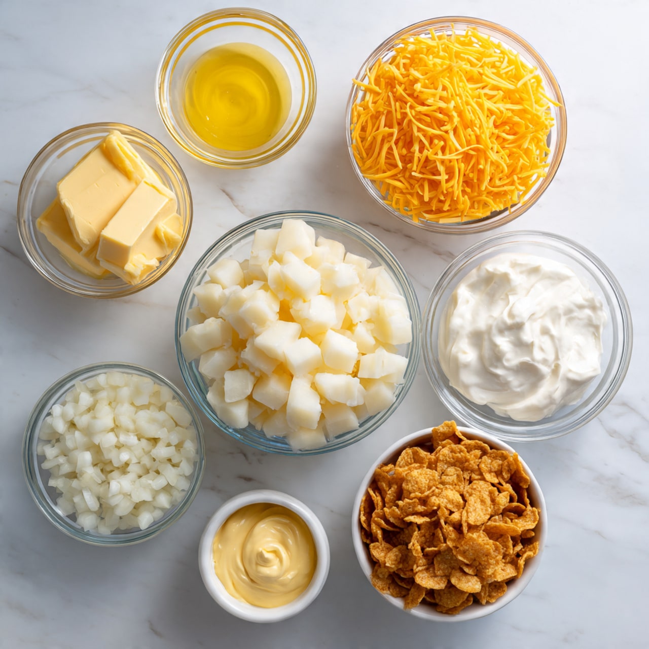 Several bowls with different ingredients are arranged on a white marbled surface. In the center, there is a large clear glass bowl filled with small, white diced potato pieces. To the upper left, a smaller clear glass bowl contains melted yellow butter. Above and to the right of the potatoes is a glass bowl filled with bright orange shredded cheddar cheese. To the bottom left, a clear glass bowl holds small white diced onions. Below the onions is a small white bowl with smooth yellow mustard, and next to it on the right is another small clear glass bowl of thick white sour cream. Finally, there is a medium white bowl on the right side holding golden brown cornflakes with a crunchy texture. Photo taken with an iphone --ar 4:5 --v 7