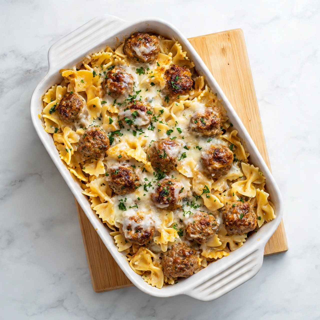 A white rectangular baking dish filled with a pasta bake sits on a light wooden board, all placed on a white marbled surface. The dish contains a bottom layer of light yellow bow-tie pasta, evenly spread, with small, browned meatballs scattered on top. The meatballs are coated with a layer of melted white cheese that is slightly stringy, covering parts of the pasta and meatballs. The edges show some pasta pieces peeking out, and the scene is bright and clear. Photo taken with an iphone --ar 4:5 --v 7