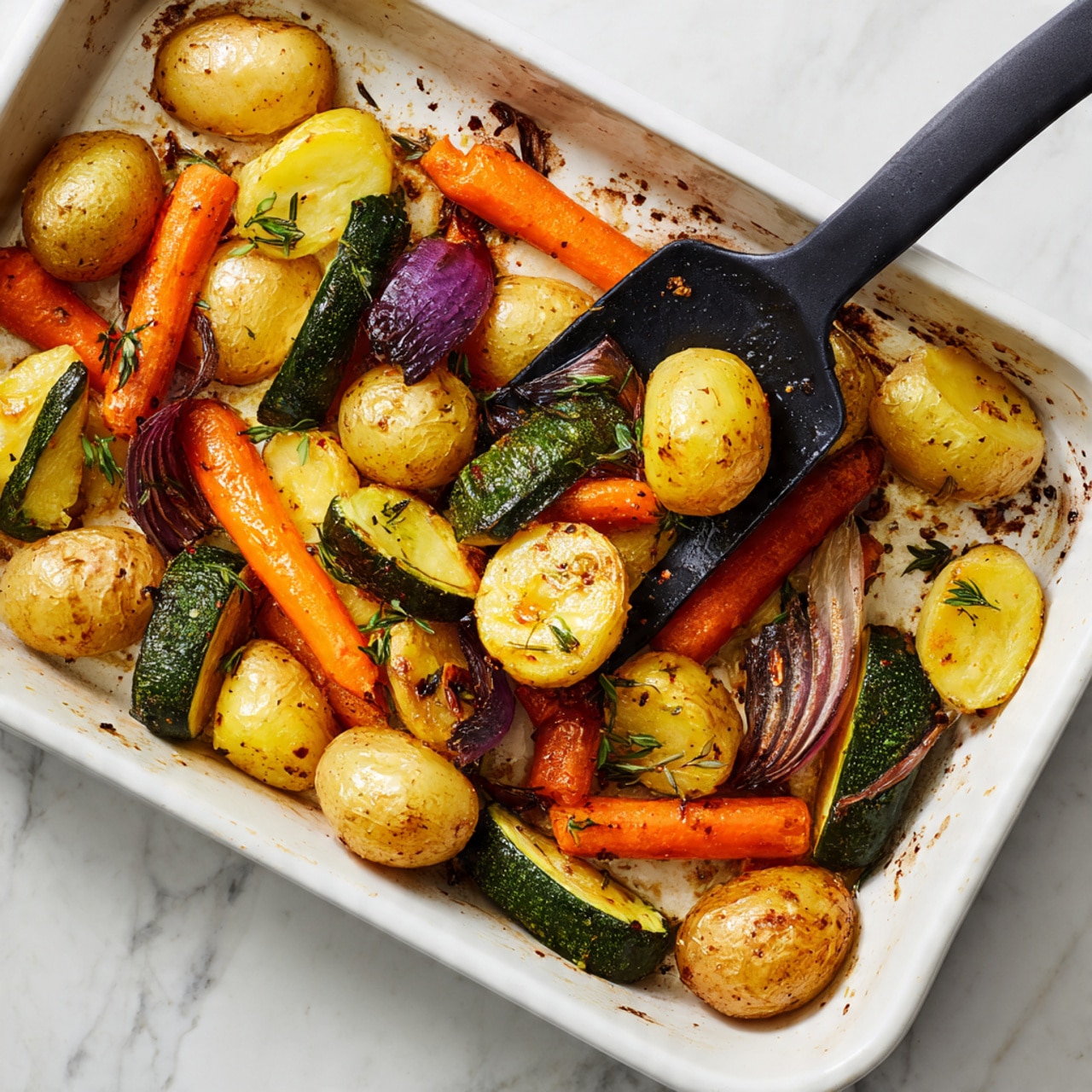 The image shows a white baking tray filled with roasted vegetables on a white marbled surface. The vegetables include golden brown baby potatoes halved with a slightly crisp skin, bright orange carrot chunks with roasted edges, thick slices of green zucchini with light browning, and pieces of purple onion with charred spots. The vegetables are mixed with small green herb sprigs and appear lightly seasoned with oil and spices, giving them a shiny texture. A black spatula is lifting some of the roasted vegetables from the tray. The overall look is colorful with warm tones and a roasted texture photo taken with an iphone --ar 4:5 --v 7