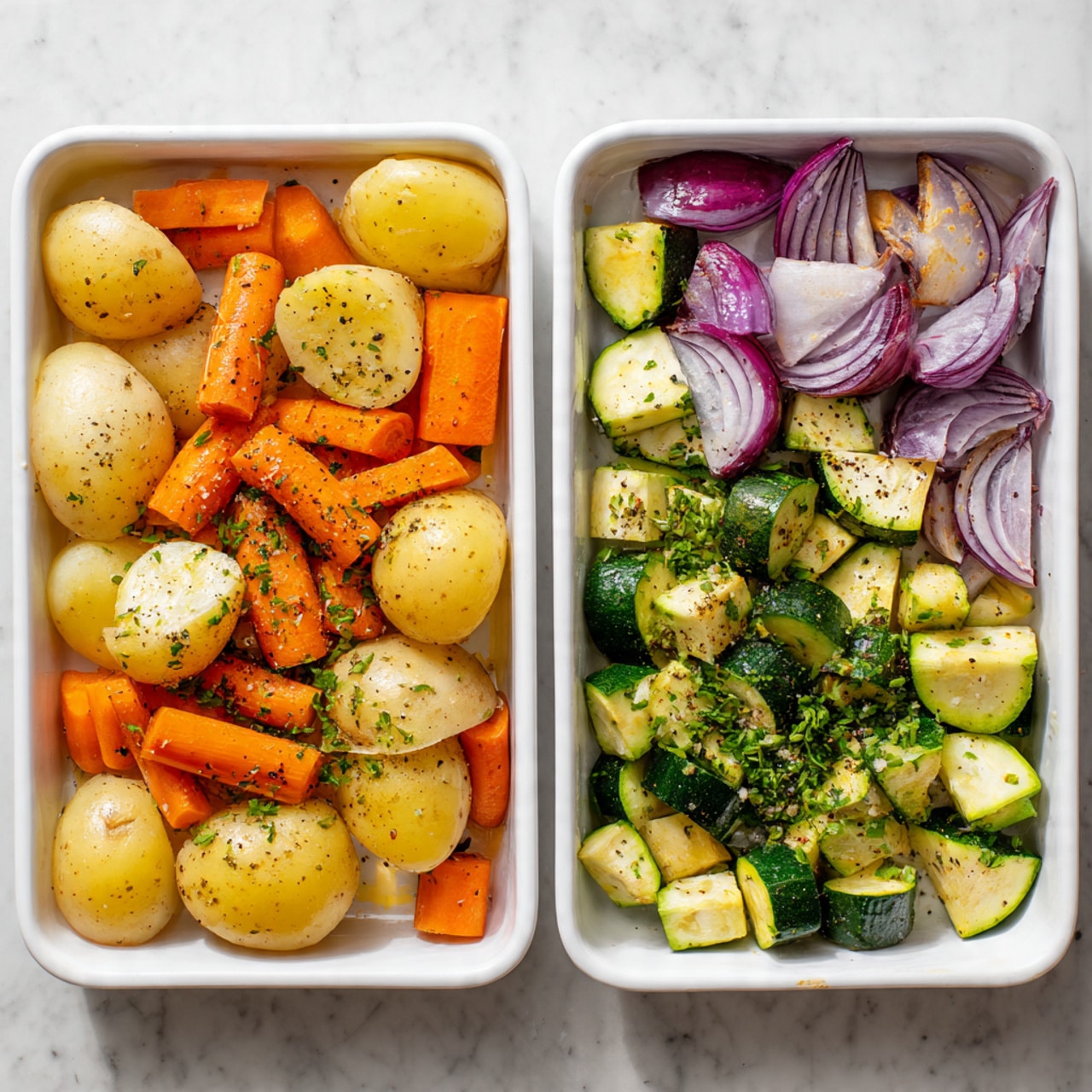 Two white rectangular trays are placed on a white marbled surface. The left tray holds a mix of vegetables: halved light yellow potatoes, thick orange carrot pieces, and a few quartered small red onions, all sprinkled with black pepper. The right tray shows the same vegetables with added sliced green zucchini pieces on top, along with chopped garlic and chopped green herbs scattered over everything, creating a fresh and colorful layer contrast. photo taken with an iphone --ar 4:5 --v 7