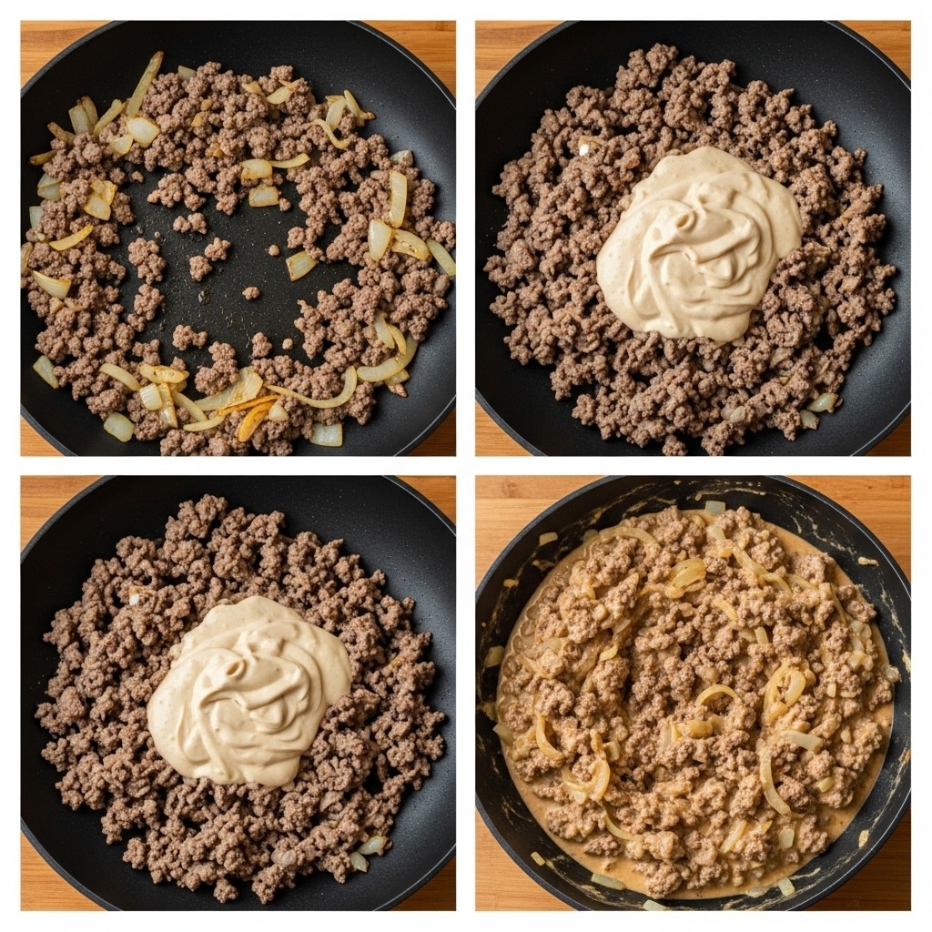 Three images show food cooking in a black pan on a wooden surface. The first image has cooked ground meat mixed with translucent cooked onion pieces all over the pan. The second image shows the same meat and onion base with a dollop of thick, light beige creamy sauce placed in the center. The third image shows the meat and onion fully mixed with the sauce, making the mixture a creamy light brown color with a chunky texture and small onion pieces visible. Photo taken with an iphone --ar 4:5 --v 7
