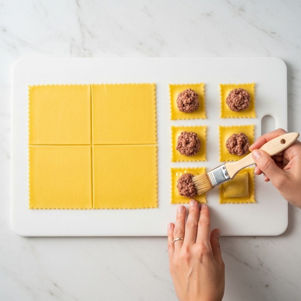 The image shows three steps of making stuffed pasta on a white cutting board placed on a white marbled surface. In the first step, a rolled-out square sheet of yellow pasta dough is divided into four equal parts by two crossing cuts. In the second step, there are four small, round dollops of brownish meat filling placed in the center of each pasta square, with a slightly chunky texture. The third step shows a woman's hand holding a brush, applying water or egg wash along one side of the bottom right pasta square near the filling. The woman's hand is visible from the wrist down, with a clear focus on the brush and pasta. Photo taken with an iphone --ar 4:5 --v 7