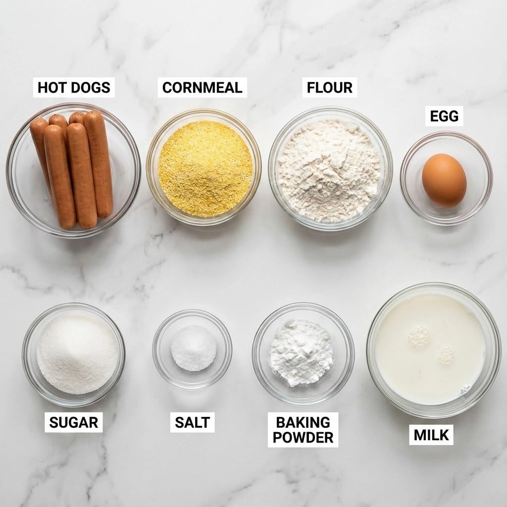 The image shows eight clear glass bowls with ingredients arranged on a white marbled surface. At the bottom right, a bowl holds four smooth, shiny brown hot dogs placed close together. Above this bowl to the left, a bowl contains yellow cornmeal with a rough texture. Moving further left and up, there is a bowl filled with white all-purpose flour with a slightly uneven surface. Above the flour, another bowl holds a single brown egg with a smooth shell. Centered near the top is a bowl filled with white granulated sugar, smooth and level. To the right of the sugar, a smaller bowl holds white salt crystals. Below the salt, a bowl contains white baking powder with a fluffy texture. At the far right, a larger bowl contains fresh white milk with a few bubbles on top. Each ingredient is clearly labeled with black text on a white background. photo taken with an iphone --ar 4:5 --v 7