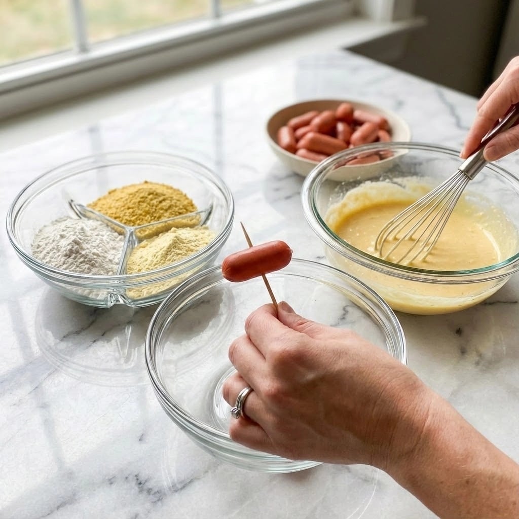 The first image shows a woman's hand holding a small sausage on a stick, the sausage is smooth and reddish in color, set against a clear glass bowl on a white marbled surface. The second image features a clear glass bowl filled with different dry ingredients in separate sections: a white powder, a yellow grainy powder, and a pale yellow powder, all sitting on a white marbled surface. The third image displays another clear glass bowl with a woman’s hand using a metal whisk to mix a smooth yellowish batter, with a bowl of small sausages in the background on the white marbled texture photo taken with an iphone --ar 4:5 --v 7