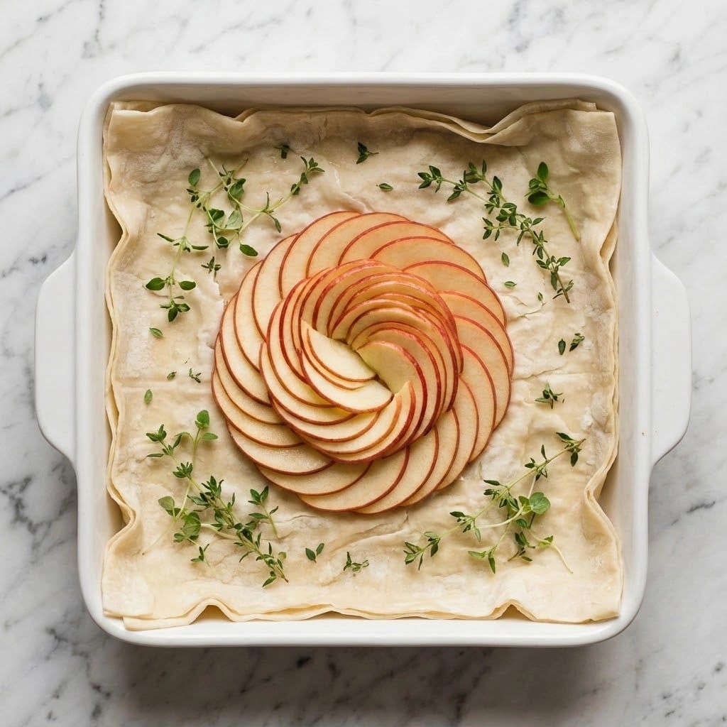 The image shows a white square baking tray lined with several thin layers of crumpled light beige dough that cover the entire tray. On top of the dough, in the center, there is a circular arrangement of thin apple slices with red edges and pale cream interiors, layered neatly in overlapping rows in a spiral pattern. Small green herb leaves are scattered sparsely on the dough around the apple slices. The whole setup is placed on a white marbled surface. photo taken with an iphone --ar 4:5 --v 7