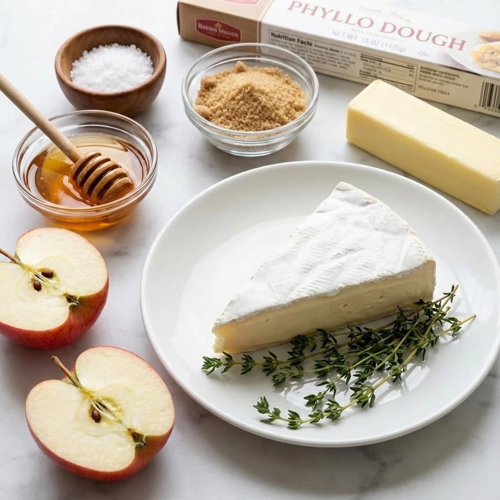 A wedge of brie cheese sits on a white plate with a smooth, creamy white rind and soft texture, surrounded by fresh green thyme sprigs at the bottom. To the left of the plate, two bright red apples are halved to show their white flesh and seeds, placed near a small bowl of golden honey with a wooden honey dipper resting inside. Above the apples, there is a wooden bowl filled with coarse flaky sea salt, and next to it a clear glass bowl contains light brown, crumbly brown sugar. A thick stick of pale yellow butter lies beside the sugar, and a box of phyllo dough is positioned above everything. The whole setup is arranged neatly on a white marbled surface. Photo taken with an iphone --ar 4:5 --v 7