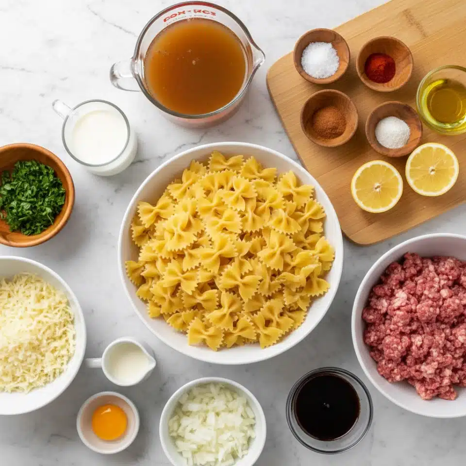 The image shows multiple ingredients arranged neatly on a white marbled surface. In the center, there is a white bowl filled with yellow uncooked farfalle pasta. Above it is a glass measuring cup with a rich brown liquid, likely broth. To the right of the pasta bowl, a white bowl holds raw ground meat with a red-pink tone. On a light wooden board nearby, there is a yellow lemon and five small white and wooden bowls containing various spices and oil, including salt, cinnamon, and paprika in brown, red, and white colors. A small white bowl with finely chopped onions sits below the pasta bowl. On the left, a small wooden bowl with green herbs is next to a bowl of light yellow shredded cheese. A raw egg is placed on a small white dish near a small glass pitcher of cream and a small white bowl filled with light brown breadcrumbs. A small glass bowl with a dark sauce is also present. Photo taken with an iphone --ar 4:5 --v 7
