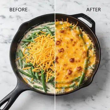 Hamburger Green Bean Casserole Recipe 5 The image shows two side-by-side views of a dish in a white cast iron skillet on a white marbled surface. The left side shows the dish before cooking, with green beans mixed with a creamy sauce and topped with a thick layer of shredded bright orange cheese, spread evenly over the beans. The right side shows the dish after cooking, where the cheese is melted, bubbly, and slightly browned in spots, covering the green beans and sauce underneath. Both views highlight the contrast between the fresh green beans and the vibrant melted cheese. Photo taken with an iphone --ar 4:5 --v 7