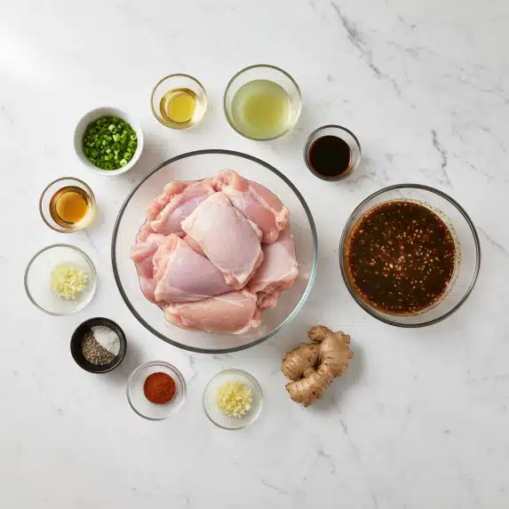 The image shows two scenes side by side on a white marbled surface. On the left, there are nine small clear glass bowls and one small white bowl arranged neatly. The largest bowl holds raw pale pink chicken thighs. Surrounding it are smaller bowls and containers with different ingredients: chopped green onions in a white bowl, a yellow liquid in a small cup, a light greenish translucent liquid in a medium bowl, a dark brown liquid in a small cup, a small black cup with white and black pepper, minced garlic, fresh ginger root, and a small bowl with a reddish powder. On the right is a clear glass bowl filled with a dark brown, slightly oily sauce mixed with finely chopped garlic and spices spread evenly across the bottom. The lighting creates soft shadows that add depth to the scene. photo taken with an iphone --ar 4:5 --v 7