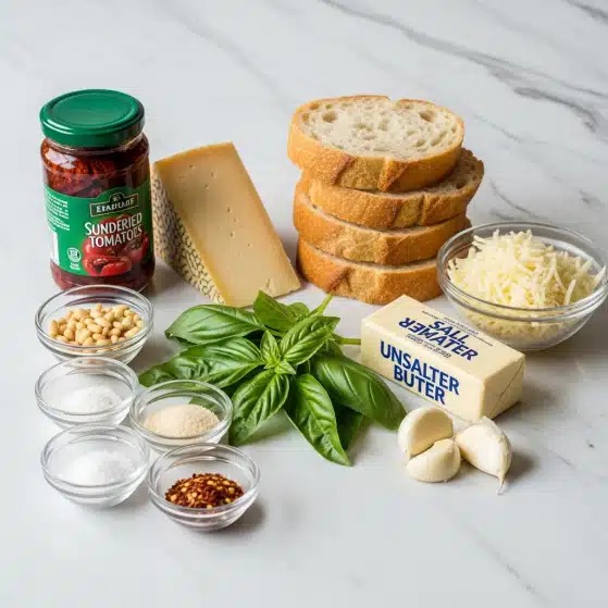 The image shows ingredients neatly arranged on a white marbled surface: to the back right, four slices of crusty bread stacked on top of each other, with a small glass bowl filled with shredded cheese to their right; in front of the bread, fresh green basil leaves lie in a small pile; next to the basil is an unopened stick of unsalted butter in its paper wrapping; beside the butter, two peeled garlic cloves rest on the surface. Toward the left side, there is a jar of sundried tomatoes with a green lid and label, a wedge of hard cheese with a textured rind, a small glass bowl filled with pine nuts, and three smaller glass bowls containing salt, more salt or sugar, and red chili flakes. photo taken with an iphone --ar 4:5 --v 7