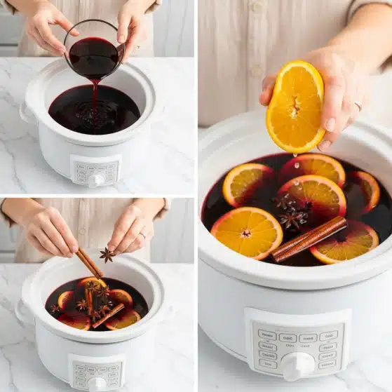 Non-Alcoholic Mulled Wine Recipe 5 The image shows a white slow cooker on a white marbled surface in three parts. The first part on the top left shows a woman's hand pouring dark red liquid into the slow cooker. The second part on the bottom left shows a woman's hand holding a cinnamon stick and star anise above the cooker filled with the liquid. The third part on the right focuses on a woman's hand squeezing a bright yellow orange half above the slow cooker, which contains the dark red liquid with floating orange slices and a cinnamon stick. Photo taken with an iphone --ar 4:5 --v 7