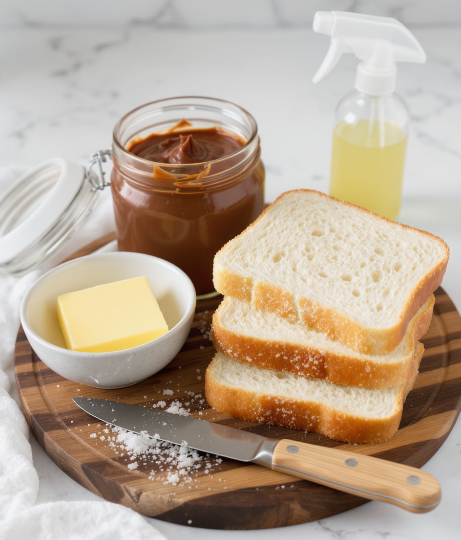 The image shows three slices of white bread stacked on a round wooden board. To the left of the bread, there is a small white speckled bowl with a square piece of pale yellow butter. In front of the bowl, a knife with a wooden handle lies next to some coarse white salt. Behind the bread stack, there is an open glass jar filled with thick, dark brown spread. In the background on a white marbled surface, there is a clear spray bottle with yellow liquid. Photo taken with an iphone --ar 4:5 --v 7