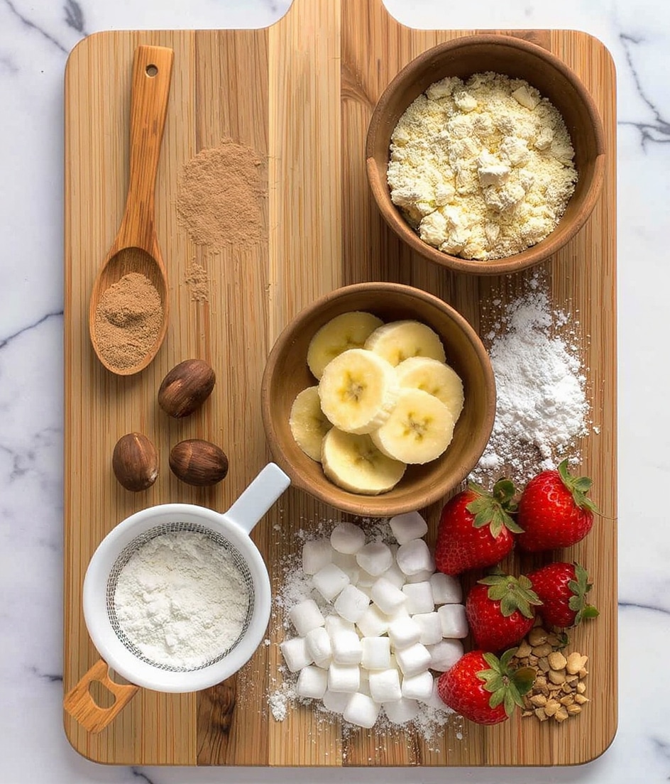 A wooden board holds several baking ingredients arranged neatly: in the top left, a wooden spoon filled with light brown powder rests next to three whole hazelnuts; below is a small white sieve containing white flour with a wooden handle pointing outward; in the center, a wooden bowl contains pale yellow banana slices stacked evenly; to the right, a pile of small white marshmallows scatters slightly over the board with some powdered sugar dusted nearby; fresh whole and halved red strawberries with green tops lie next to chopped hazelnuts in the bottom right corner, all resting on a white marbled surface. Photo taken with an iphone --ar 4:5 --v 7