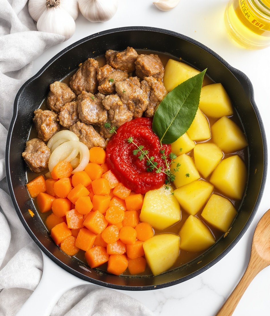 A black skillet with a white handle holds a stew with three clear layers: the bottom layer is a light brown broth filling the pan; on top of it, chunks of light brown cooked meat, bright orange carrot pieces, and pale white onion slices are spread mostly on the left side; the right side has large yellow potato pieces stacked; placed in the middle on top is a deep red dollop of tomato paste, a single green bay leaf, and small sprigs of green thyme. The skillet is set on a white marbled surface with a wooden spoon visible on the right edge and a garlic bulb and a glass jar with yellow liquid at the top. Photo taken with an iphone --ar 4:5 --v 7