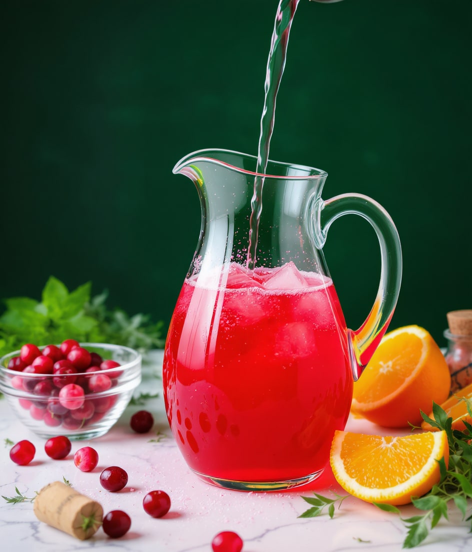 A clear glass pitcher with a handle is filled about one-third with bright pink juice, and clear liquid is being poured into it from above. Behind the pitcher, there are sliced oranges with a bright orange color and visible white pith, arranged on a white marbled surface. To the left, a small clear glass bowl is filled with shiny red cranberries, some spilling slightly onto the white marbled surface. Sprigs of green herbs and a cork stopper are also visible in the background. The whole scene is set against a dark green backdrop. Photo taken with an iphone --ar 4:5 --v 7