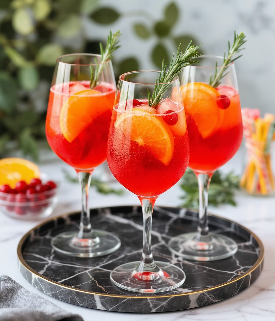 Three wine glasses filled with a bright orange-red drink stand on a round black marble tray with white veins and a gold rim. Each glass has a slice of orange inside the liquid, a few floating red cranberries near the top, and a sprig of green rosemary sticking out from the rim. In the background, there is a small clear glass bowl full of cranberries, half an orange on a white plate, and a glass container holding colorful toothpicks, all set on a white marbled surface with green blurred foliage behind. The photo is taken close up, focusing on the glasses, showing their clear glass texture and the vibrant colors inside them, photo taken with an iphone --ar 4:5 --v 7