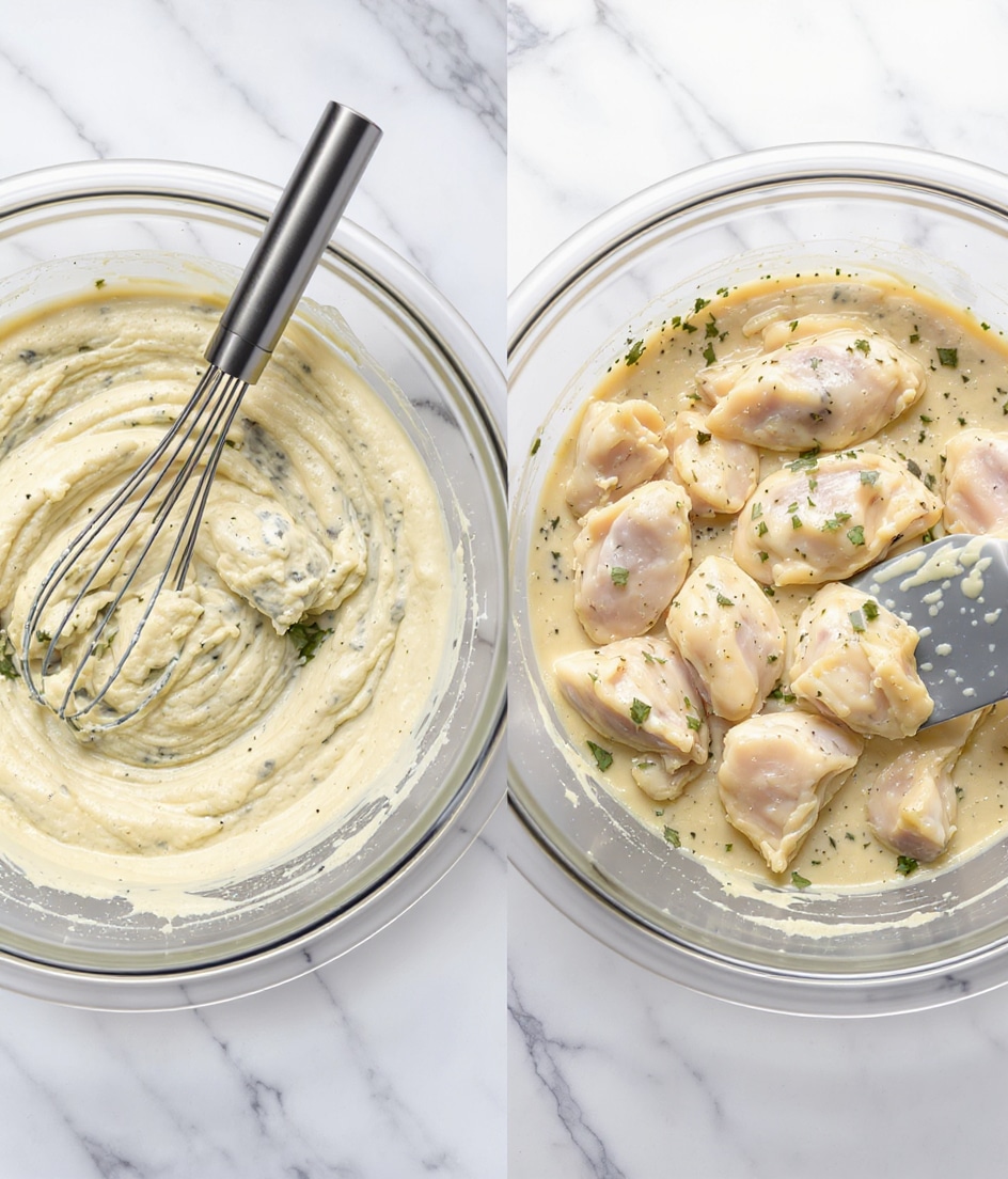 The image shows two clear glass bowls on a white marbled surface, both containing a creamy mixture with black herbs evenly spread throughout. In the left bowl, a metal whisk is resting inside the mixture, which is smooth and light beige in color with visible small black specks. The right bowl holds raw pale chicken pieces coated in the same creamy, herb-filled mixture, with a spatula partially submerged on the right side of the bowl. Both scenes are bright and clean, focusing closely on the textures and colors of the ingredients. photo taken with an iphone --ar 4:5 --v 7