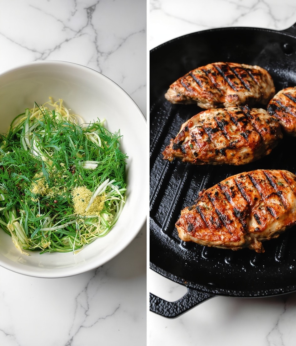 The image shows two side-by-side photos: on the left is a white bowl containing a mix of green shredded vegetables, fresh dill, and yellow spices, all sitting on a white marbled surface; on the right, there is a close-up of four grilled chicken pieces with dark grill marks on a black grill pan, with a white marbled surface under the pan. photo taken with an iphone --ar 4:5 --v 7