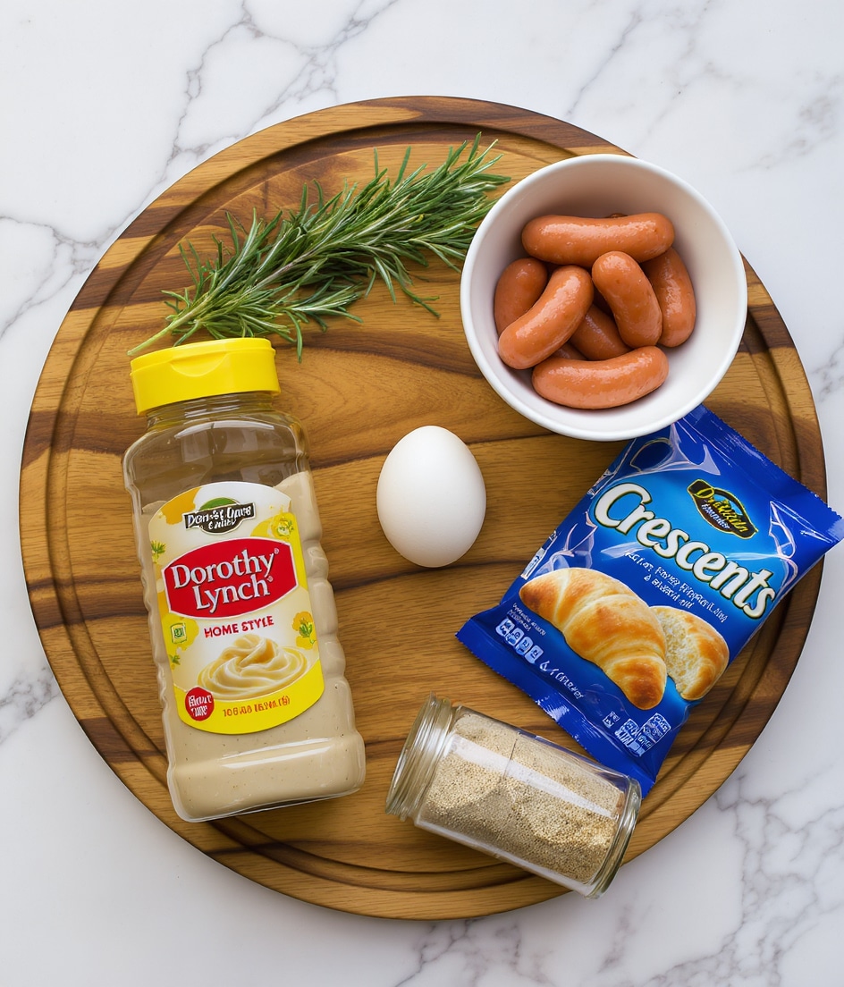 A round wooden board is placed on a white marbled surface. On the board, there is a bunch of green rosemary sprigs at the top. Just below the rosemary, a single white egg stands upright beside a bottle of Dorothy Lynch Home Style dressing with a yellow cap and red and yellow label. To the right side of the board, a white bowl holds several small, reddish-brown sausage links with a smooth texture. Next to the bowl is a blue package labeled Crescents with an image of a golden-brown crescent roll. In front of the package, a clear glass jar filled with ground pepper lies on its side, showing the pepper's grainy texture inside. photo taken with an iphone --ar 4:5 --v 7