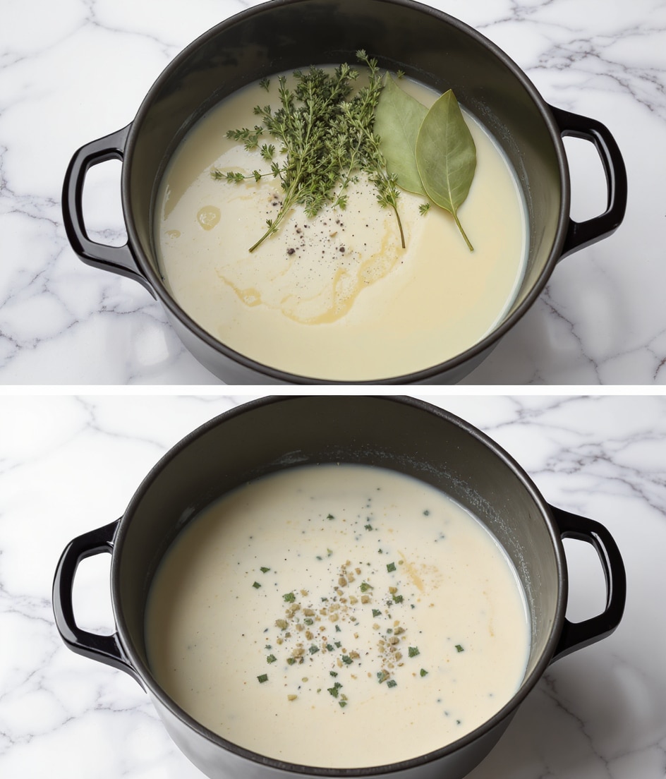 The first image shows a black pot filled with a smooth, pale cream liquid. Resting on top are a group of fresh green herbs, including thyme and bay leaves, with small black seeds or spices scattered across the surface. The pot sits on a white marbled surface. The second image shows the same black pot now holding a thicker light beige liquid with tiny chopped herbs spread evenly in the creamy base. Again, the pot is placed on a white marbled surface. photo taken with an iphone --ar 4:5 --v 7