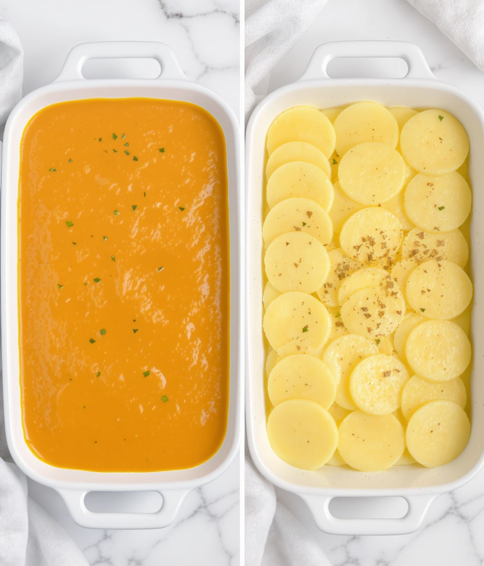 The image shows a close-up of a white rectangular dish with two views of a layered potato dish. The right side features one layer of thin, round potato slices evenly spread in a slightly overlapping pattern, pale yellow with light seasoning sprinkled on top. The left side shows the same dish after a thick, creamy orange sauce with specks of herbs and spices is poured over the potato layer, fully covering it with a smooth but textured surface. The dish is placed on a white marbled surface. photo taken with an iphone --ar 4:5 --v 7
