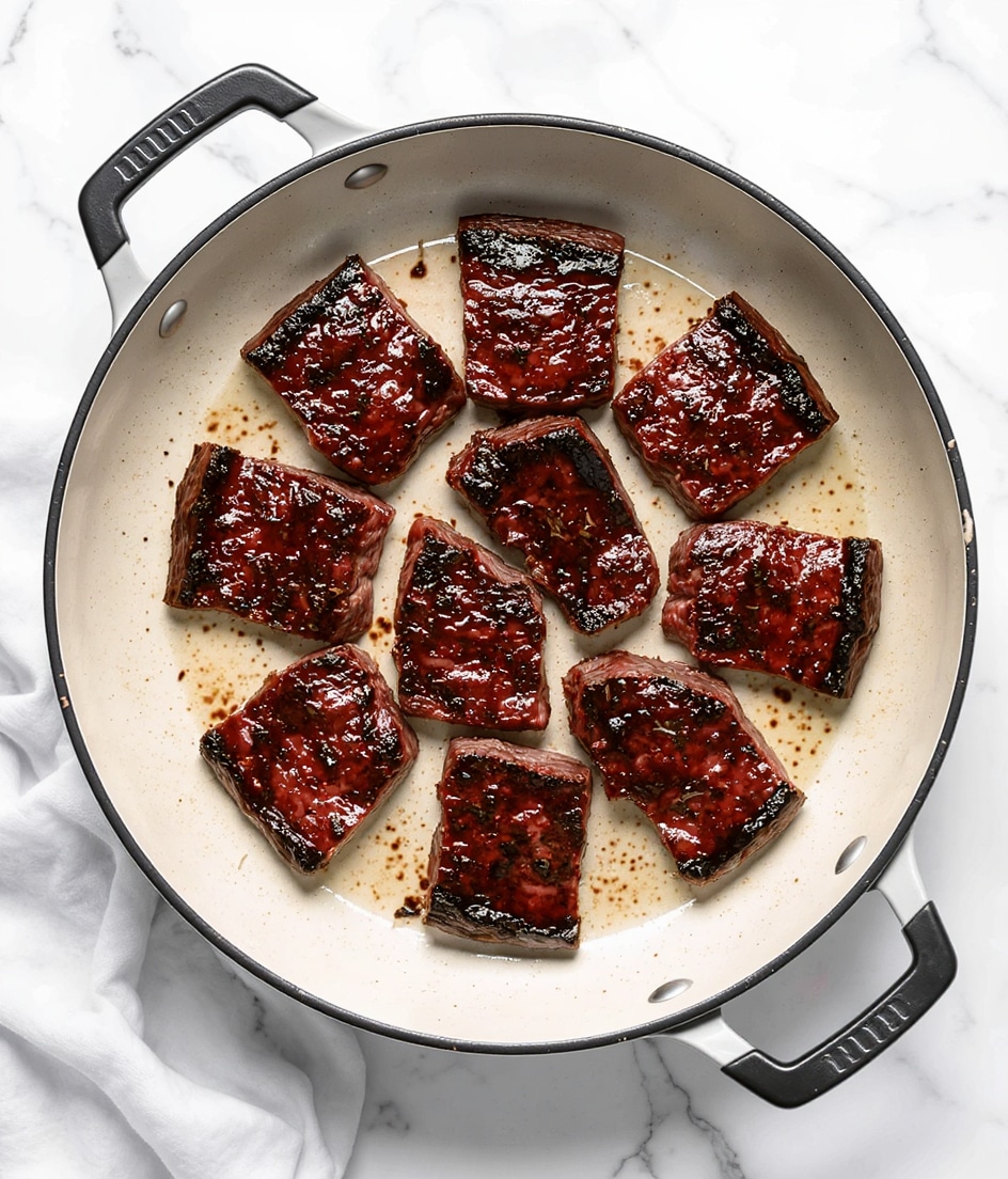 A white pan with two black handles is shown from above, containing eleven pieces of seared beef arranged in a loose circular pattern. The beef pieces are medium to dark brown on the outside with a slight reddish hue near the edges, showing a juicy texture with some visible seasoning. The pan sits on a white marbled surface with light shadows. photo taken with an iphone --ar 4:5 --v 7