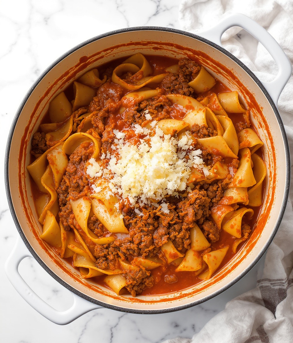 A large white pot filled with wide, flat pasta ribbons mixed in a thick reddish-brown meat sauce with shredded pieces throughout. The pasta folds overlap, showing a mix of light yellow pasta and the rich sauce. In the center, there's a sprinkle of white grated cheese, adding a soft dusting. The pot sits on a white marbled surface. photo taken with an iphone --ar 4:5 --v 7