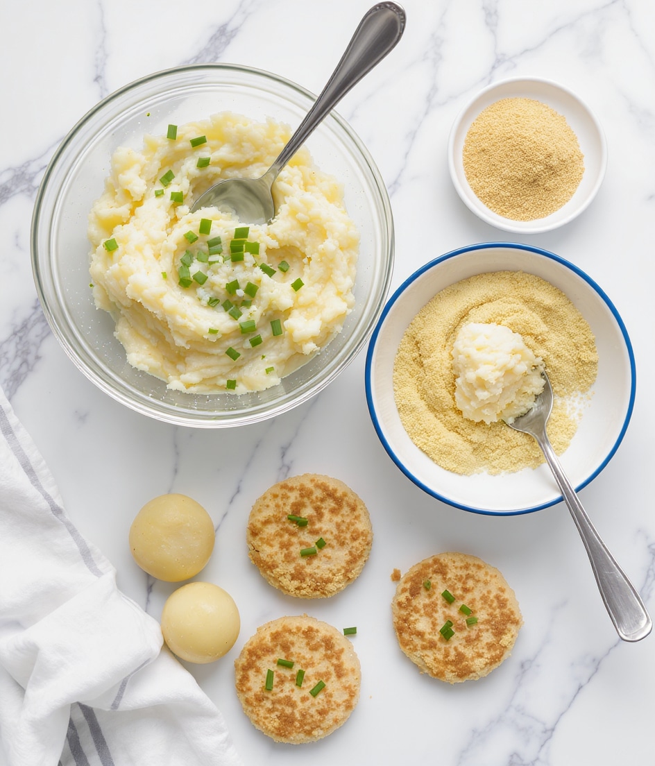 A clear glass bowl on a white marbled surface holds mashed potatoes mixed with small green chive pieces, with a metal spoon resting inside. Nearby are six potato pieces on the surface: two round balls, two flat round patties with chives, one patty dipped in breadcrumbs inside a white bowl with a blue rim filled with breadcrumbs, and one patty fully coated with breadcrumbs. The colors are mainly white from the potatoes and bowl, light brown from the breadcrumbs, and green from the chives. Photo taken with an iphone --ar 4:5 --v 7