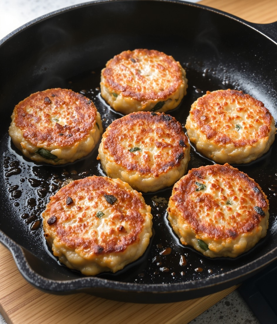 The image shows a close-up of a black frying pan with five round patties cooking inside. Each patty has a golden brown and crispy outer layer with some darker spots, showing a nicely fried texture. The patties are thick and have a slightly uneven surface, with small green bits visible within them. The pan has some oil that glistens around the patties, and the edge of a wooden surface is visible under the pan. The photo is bright and clear, capturing the appetizing color and texture of the food. photo taken with an iphone --ar 4:5 --v 7