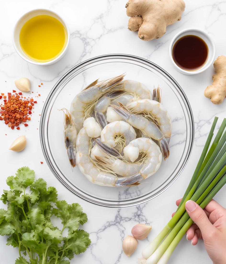 The image shows a white marbled surface with a clear glass bowl at the center filled with peeled shrimp arranged in a round shape. Around the bowl, there are small white bowls and fresh ingredients: one small bowl holds golden honey, another holds clear yellow olive oil, and a third has dark soy sauce. Fresh garlic cloves, a piece of light brown ginger root, a small pile of red pepper flakes, and green herbs including cilantro and green onions with white bulbs lie scattered neatly to one side. A woman's hand with a green onion is visible at the edge. photo taken with an iphone --ar 4:5 --v 7