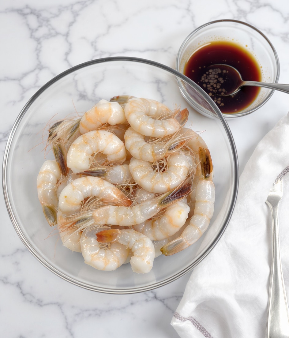 A clear glass bowl on a white marbled surface holds a layer of raw shrimp with shells partially on the tails. The shrimp are pale pink with some dark veins showing and small bits of seasoning on them. Next to the bowl is a small clear bowl with dark sauce mixed with seeds and a silver spoon resting inside. The overall colors are soft pink, pale white, and dark brown from the sauce. Photo taken with an iphone --ar 4:5 --v 7