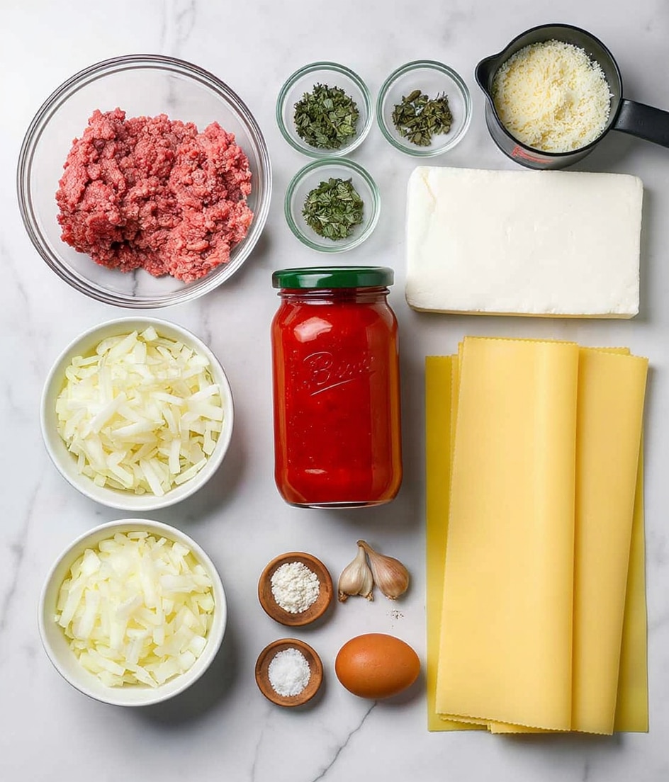 A collection of ingredients for lasagna is displayed neatly on a white marbled surface. On the left, there is a clear glass bowl filled with raw ground beef, next to a white bowl with chopped white onions. Moving right, there is a jar of red marinara sauce with a green lid, and below it three garlic cloves beside a small wooden bowl with salt and a brown egg. Above these, two small green and clear glass bowls each hold a small amount of dried herbs. To the right, there is a square block of white mozzarella cheese and a white tub of ricotta cheese with red and green labeling. Above them, a black measuring cup is filled with shredded white cheese. On the far right, several uncooked, yellow lasagna sheets are stacked together. All items are well arranged and clearly shown, photo taken with an iphone --ar 4:5 --v 7