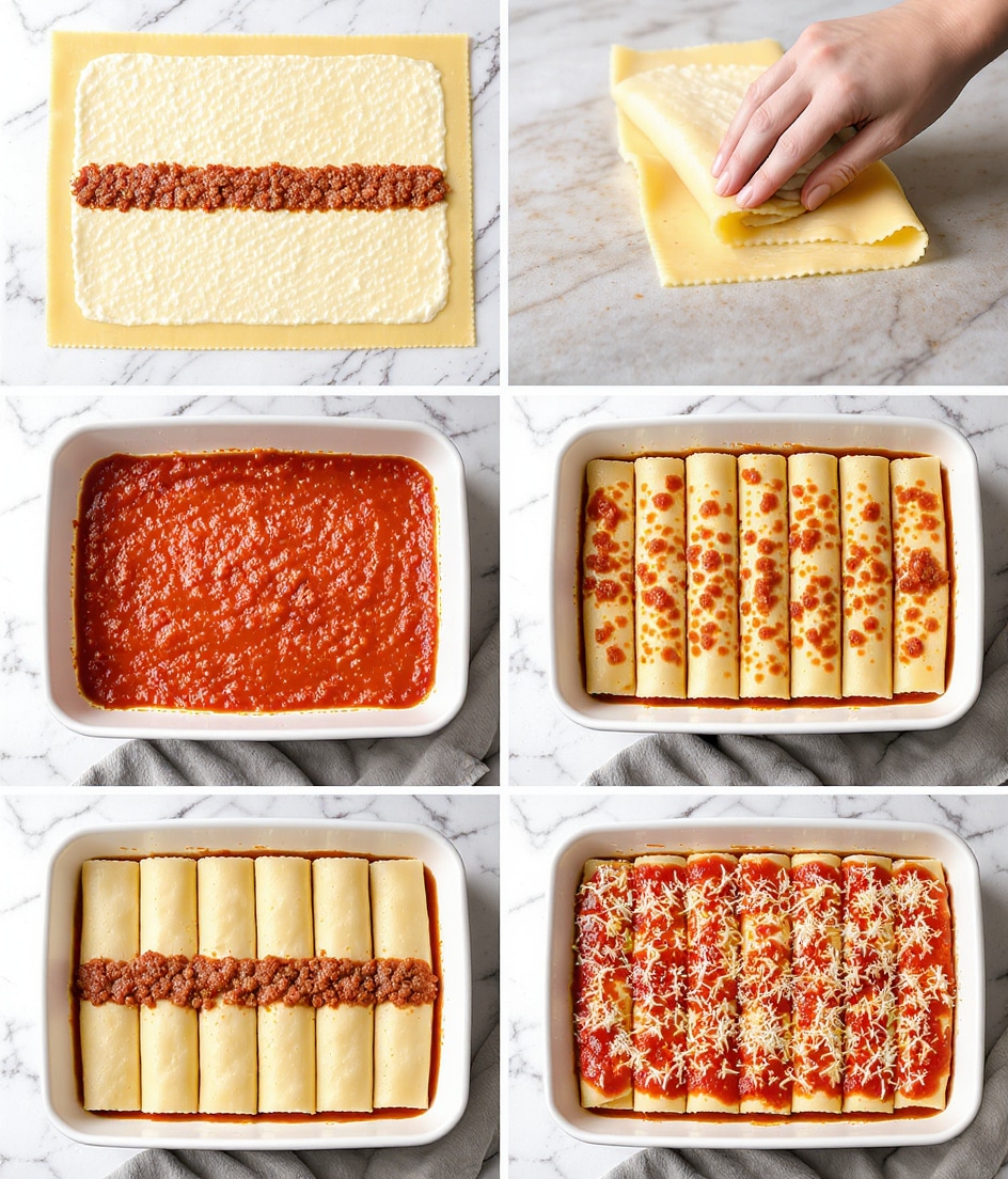 The collage shows the step-by-step process of making stuffed pasta rolls. In the first image, seven rectangular pasta sheets are laid flat on a white marbled surface with a white creamy layer spread evenly and topped with a narrow stripe of chunky red meat sauce in the center of each. The second image shows a woman's hand rolling the pasta sheets into cylindrical shapes from the left side while the same sauce stripe remains visible on top. The third frame presents a white rectangular dish coated with a thin spread of the red meat sauce evenly covering the base. The fourth image shows the rolled pasta shells neatly placed side by side in three rows inside the dish, forming a tight single layer. The fifth image has the cooked pasta shells topped generously with an even layer of red meat sauce covering all visible shells. The last image presents the dish after a final topping of shredded white cheese spread evenly over the sauce. photo taken with an iphone --ar 4:5 --v 7