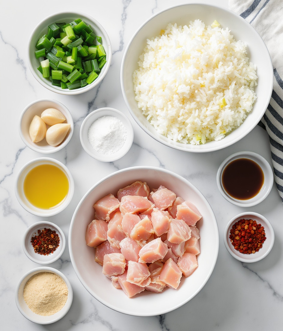 The image shows several white bowls and small dishes arranged on a white marbled surface. Starting from the top right, there is a white bowl filled with white cooked rice, and to its left, a smaller white bowl holds chopped green onions. Below the rice, a white bowl contains raw, diced light pink chicken. Around these, there are small dishes with various ingredients: one with light yellow liquid, one with three peeled garlic cloves, one with white powder, one with dark brown liquid, one with red chili flakes, one with black pepper and salt mix, and one with light brown powder. All items are neatly placed in a well-lit setting. Photo taken with an iphone --ar 4:5 --v 7