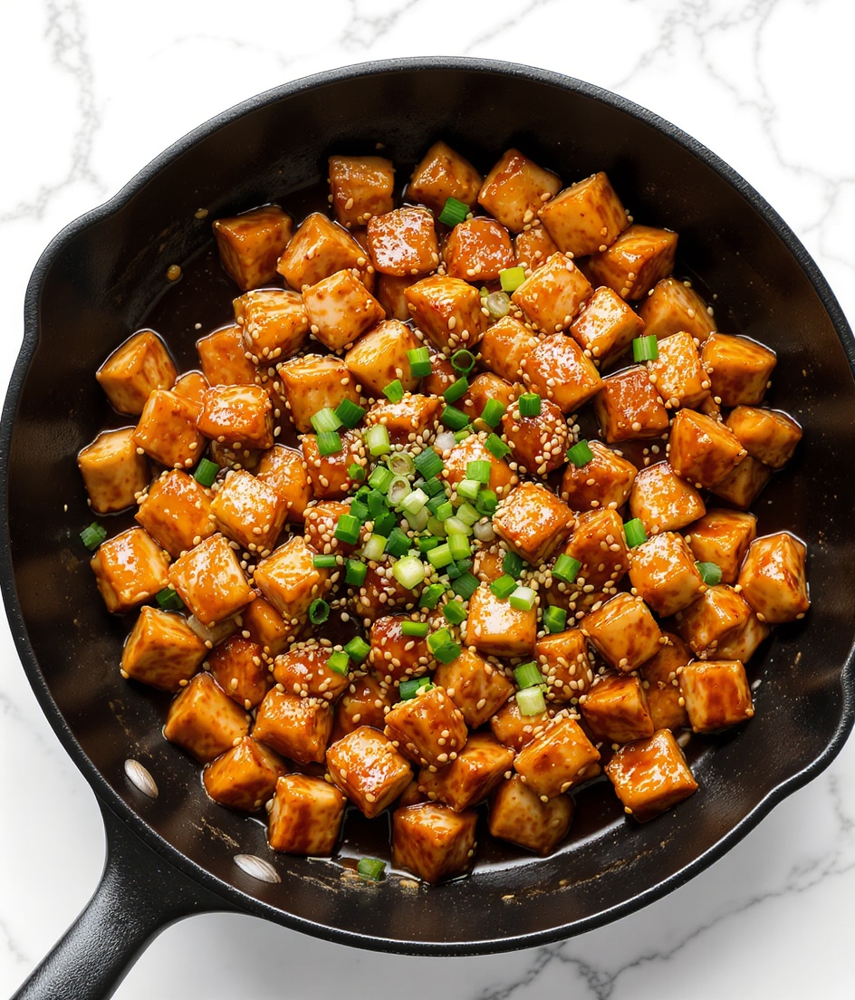 This image shows a black skillet filled with many small pieces of golden-brown cooked chicken, coated in a shiny dark brown sauce. The chicken pieces are spread evenly across the skillet, with some small green chopped scallions and light sesame seeds sprinkled on top. The sauce looks thick and glossy, pooling slightly around the chicken pieces, creating a rich and appetizing texture. The skillet sits on a white marbled surface. Photo taken with an iphone --ar 4:5 --v 7
